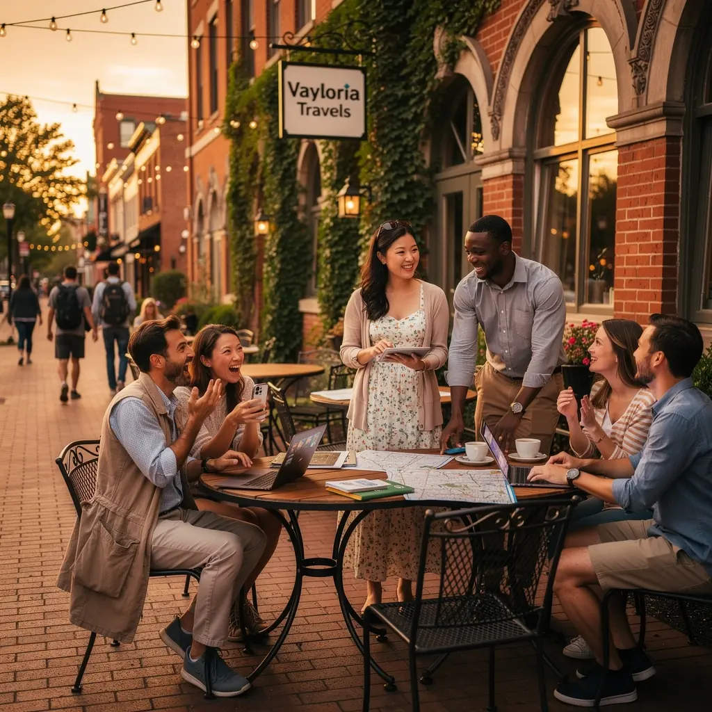 Planujący podróż konsultant z laptopem, omawiający szczegóły wyjazdu biznesowego.
