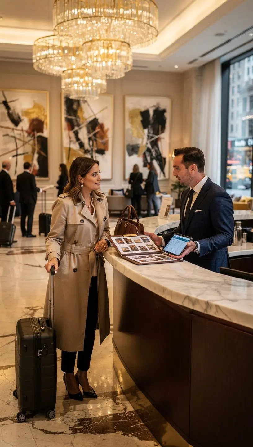 Konsultant podróży, doradzający klientowi w luksusowym biurze podróży.